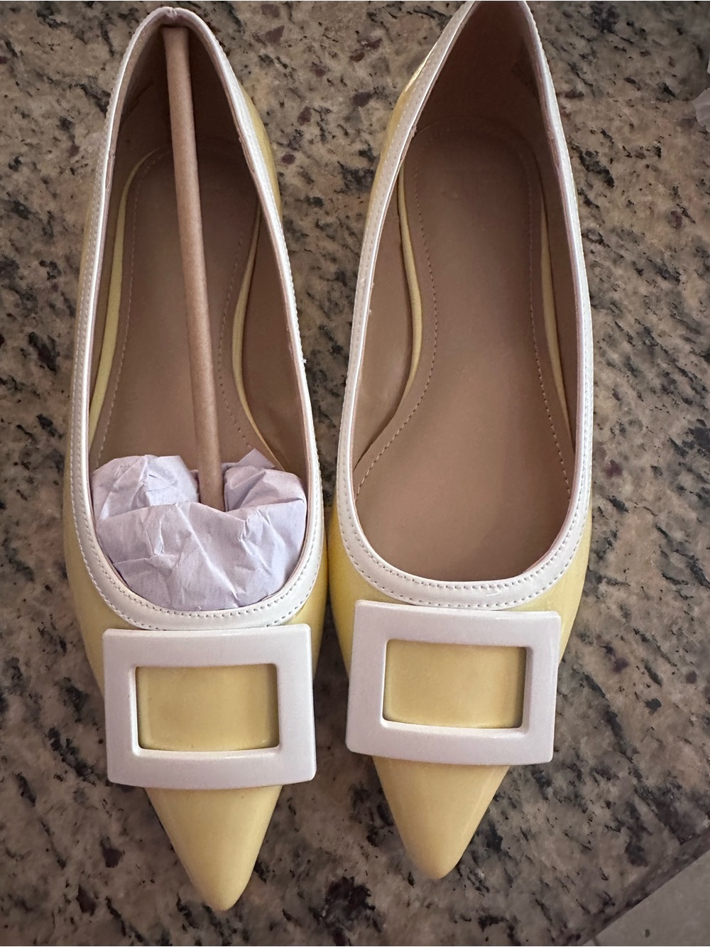 Just Fab Women's Pointed Toe Yellow Ballet Flats with Square Buckle